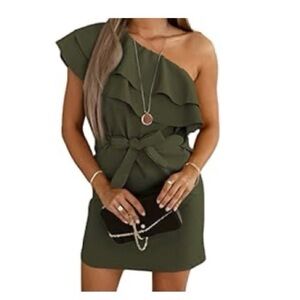 One shoulder ruffled dress Army Green